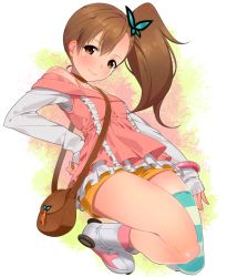 Rule 34 | 1girl, ama mitsuki, bag, bare shoulders, between breasts, blush, breasts, brown hair, butterfly hair ornament, chousoku henkei gyrozetter, collarbone, hair ornament, inaba rinne, looking at viewer, roller skates, short shorts, shorts, single thighhigh, skates, smile, solo, strap between breasts, striped clothes, striped thighhighs, thighhighs, thighs, yellow eyes