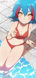 Rule 34 | 1girl, absurdres, artist name, bare shoulders, beyblade, beyblade: burst, bikini, blue hair, breasts, character name, eyebrow cut, hair between eyes, highres, ilya mao, kymhotii, makeup, mao ilya, nail polish, pool, porcelain, red hair, self-upload, short hair, signature, sitting, small breasts, solo, swimsuit, thighs, water, wet, wet clothes, yellow eyes