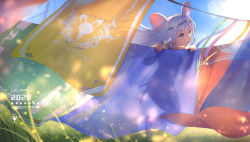 Rule 34 | 1girl, 2020, animal ears, cloud, flag, grey eyes, headband, kneeling, long hair, mouse ears, mouse tail, nude, observerz, open mouth, original, outdoors, see-through, see-through silhouette, silver hair, sky, solo, tail, topless, wind