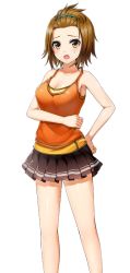 Rule 34 | 1girl, armpits, blush, breasts, brown hair, cleavage, clenched hands, dmm, drive on requesta, female focus, game cg, hand on own hip, large breasts, legs, looking at viewer, open mouth, orange eyes, short hair, simple background, skirt, solo, standing, thighs, white background