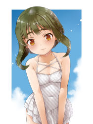 Rule 34 | 1girl, alternate costume, blue sky, blush, bob cut, braid, breasts, chi gura-ya, closed mouth, day, embarrassed, green hair, highres, kantai collection, looking at viewer, one-piece swimsuit, orange eyes, outdoors, short hair with long locks, sky, small breasts, solo, swimsuit, takanami (kancolle), wavy mouth, white one-piece swimsuit