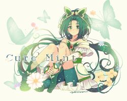 Rule 34 | 1girl, bare shoulders, boots, brooch, bug, butterfly, butterfly brooch, butterfly hair ornament, character name, cure mint, dress, green eyes, green hair, green shorts, hair ornament, highres, insect, jewelry, long hair, magical girl, precure, shorts, shorts under skirt, sitting, smile, strapless, strapless dress, yes! precure 5, yukinonanami