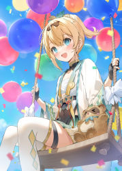 Rule 34 | 1girl, :d, balloon, black gloves, blonde hair, blue eyes, blue sky, blush, chest sarashi, confetti, day, feet out of frame, fingerless gloves, gloves, hair between eyes, hair ribbon, hana mori, haori, highres, holding, holding rope, hololive, japanese clothes, kazama iroha, long sleeves, looking at viewer, open mouth, pokobee, ponytail, ribbon, rope, sarashi, short hair, sitting, sky, smile, solo, swing, thighhighs, virtual youtuber, white thighhighs