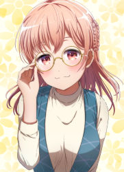 Rule 34 | 1girl, :3, absurdres, bang dream!, bespectacled, blush, braid, breasts, glasses, highres, hiromachi nanami, looking at viewer, medium breasts, medium hair, noshimurin, pink hair, red eyes, smile, solo, sweater, upper body, vest