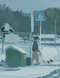 Rule 34 | 1boy, black hair, dog, from side, full body, hand in pocket, haragayowainja, highres, holding, holding leash, leash, male focus, original, outdoors, profile, road sign, short hair, sign, snow, solo, walking, wire fence