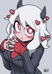 Rule 34 | 1girl, black horns, black jacket, blush, breasts, chichibu (watson), closed mouth, curly hair, demon girl, demon horns, formal, grey background, hands up, heart, heart-shaped pupils, helltaker, horns, jacket, long sleeves, looking at viewer, looking up, medium breasts, medium hair, modeus (helltaker), monster girl, own hands together, red eyes, short hair, simple background, small breasts, solo, sweater, symbol-shaped pupils, turtleneck, turtleneck sweater, upper body, white hair, wide-eyed
