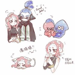 Rule 34 | 1boy, 1girl, agent 3 (splatoon), agent 8 (splatoon), animal ears, arrow (symbol), black cape, black eyes, blue eyes, blue hair, breasts, cape, cat ears, cat tail, chinese commentary, chinese text, closed mouth, film grain, headgear, high-visibility vest, inkling, inkling boy, inkling player character, looking at another, medium breasts, medium hair, motion lines, nintendo, octoling, octoling girl, octoling player character, octopus, parted lips, ponytail, red hair, simple background, single bare shoulder, single sleeve, smile, splatoon (series), splatoon 2, splatoon 2: octo expansion, squid, suction cups, tail, tentacle hair, thenintlichen96, translation request, white background