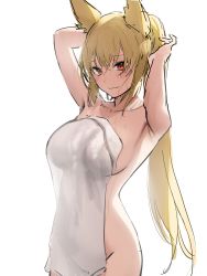 Rule 34 | 1girl, absurdres, animal ears, arms up, artist request, backlighting, blonde hair, breasts, closed mouth, commission, covered navel, covering privates, cowboy shot, dungeon and fighter, ellin meiji, highres, large breasts, long hair, looking at viewer, naked towel, nude cover, original, ponytail, red eyes, second-party source, see-through silhouette, simple background, sketch, smile, solo, towel, tying hair, very long hair, wet, wet hair, white background