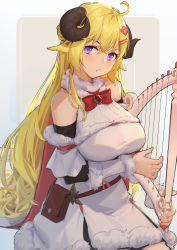Rule 34 | 1girl, absurdres, ahoge, animal ears, bad id, bad pixiv id, bare shoulders, belt, belt pouch, blonde hair, blush, bow, bowtie, brooch, closed mouth, dress, fur-trimmed dress, fur trim, gem, hair ornament, hairclip, harp, highres, hololive, horns, instrument, j.xh, jewelry, long hair, looking at viewer, music, playing instrument, pouch, purple eyes, red bow, red bowtie, red gemstone, sheep ears, sheep girl, sheep horns, sitting, solo, tsunomaki watame, tsunomaki watame (1st costume), very long hair, virtual youtuber, white dress