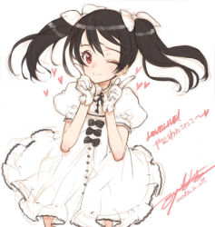 Rule 34 | 10s, 1girl, ascii media works, black hair, bow, dress, gloves, hair bow, hair ribbon, heart, index finger raised, long hair, looking at viewer, love live!, love live! school idol project, one eye closed, ooyari ashito, puffy short sleeves, puffy sleeves, red eyes, revision, ribbon, short sleeves, simple background, smile, solo, translation request, twintails, white background, white dress, white gloves, white ribbon, wink, yazawa nico