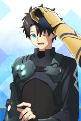 Rule 34 | 2boys, armor, black armor, black hair, blue eyes, fate/grand order, fate (series), fingerless gloves, fujimaru ritsuka (male), fujimaru ritsuka (male) (seven heaven mystic code), gauntlets, gilgamesh (fate), gloves, glowing, gold armor, hair between eyes, hand on another&#039;s head, happy, headpat, highres, long sleeves, male focus, multiple boys, official alternate costume, one eye closed, open mouth, out of frame, shoulder armor, upper body, urup zzz