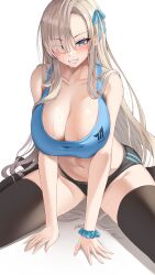 Rule 34 | 1girl, absurdres, alternate costume, arm support, asuna (blue archive), bare arms, bare shoulders, black panties, black thighhighs, blonde hair, blue archive, blue eyes, blue ribbon, blue scrunchie, blue sports bra, blush, breasts, character name, cleavage, collarbone, commentary, eyes visible through hair, grin, groin, hair over one eye, hair ribbon, highres, huge breasts, kitin, leaning forward, long bangs, long hair, looking at viewer, navel, no shoes, panties, ribbon, scrunchie, sidelocks, sitting, smile, solo, sports bra, sportswear, stained clothes, stomach, sweat, sweaty clothes, swept bangs, teeth, text print, thick thighs, thighhighs, thighs, underwear, very long hair, wariza, wet, wrist scrunchie