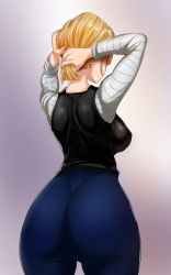 Rule 34 | 1girl, android 18, ass, blonde hair, blue pants, breasts, curvy, dragonball z, earrings, from behind, highres, huge ass, jewelry, large breasts, long sleeves, pants, simple background, solo, thelorope, tight clothes, tight pants, wide hips
