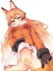 Rule 34 | 10s, animal ears, black gloves, blazer, blonde hair, breasts, brown eyes, brown hair, censored, clothes lift, clothes pull, d:, ezo red fox (kemono friends), fox ears, from below, fur trim, gloves, gluteal fold, heart, heart-shaped pupils, heavy breathing, highres, jacket, japari symbol, kemono friends, long hair, looking down, medium breasts, multicolored hair, nksk, novelty censor, open mouth, pantyhose, pantyhose pull, pleated skirt, pussy, pussy juice, skirt, skirt lift, solo, sweat, symbol-shaped pupils, very long hair, white background, white skirt