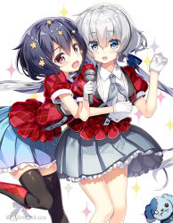 Rule 34 | 10s, 2girls, :d, black footwear, black legwear, blue eyes, blue hair, blue ribbon, blue skirt, blush, boots, breasts, brown flower, collared shirt, commentary request, flower, fujima takuya, gloves, grey neckerchief, grey skirt, hair between eyes, hair flower, hair ornament, hair ribbon, holding, holding microphone, hug, hug from behind, jacket, knee boots, konno junko, long hair, low twintails, microphone, mizuno ai, multiple girls, neckerchief, open mouth, plaid, plaid jacket, pleated skirt, puffy short sleeves, puffy sleeves, red eyes, red jacket, ribbon, shirt, short sleeves, silver hair, simple background, skirt, small breasts, smile, sparkle, standing, standing on one leg, thighhighs, twintails, very long hair, white background, white gloves, white shirt, zombie land saga