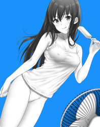 Rule 34 | 1girl, :q, bare shoulders, blue background, blush, breasts, camisole, cleavage, closed mouth, collarbone, covered erect nipples, dutch angle, electric fan, food, holding, holding food, long hair, looking at viewer, medium breasts, no pants, original, panties, partially colored, popsicle, simple background, smile, solo, tongue, tongue out, tsukimoto kizuki, underwear, underwear only