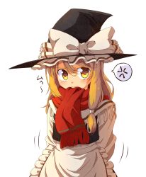 Rule 34 | 1girl, :t, anger vein, apron, arms behind back, blonde hair, blush, bow, capelet, female focus, hair ribbon, hat, hat bow, hat ribbon, highres, kirisame marisa, long hair, looking at viewer, perfect cherry blossom, poncho, pout, ribbon, scarf, senhaku, solo, spoken anger vein, touhou, transparent background, upper body, witch, witch hat, yellow eyes