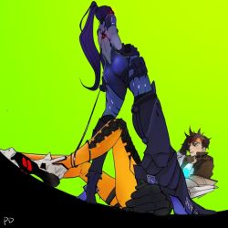 Rule 34 | 2girls, artist request, ass, blush, brown hair, couple, goggles, goggles on head, green background, long hair, looking at another, multiple girls, overwatch, overwatch 1, pants, ponytail, purple hair, rope, shoes, short hair, simple background, smirk, spiked hair, tracer (overwatch), widowmaker (overwatch), yuri