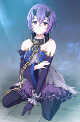 Rule 34 | 1girl, animal collar, black collar, black pantyhose, black sleeves, broken horn, chain, closed mouth, collar, commentary request, crossed bangs, detached sleeves, dress, frilled dress, frills, hair between eyes, halterneck, highres, horns, katakori sugita, looking at viewer, mole, mole under eye, pantyhose, partial commentary, princess connect!, purple dress, purple hair, red eyes, shinobu (princess connect!), short dress, short hair, sitting, skull, smile, solo, split mouth, torn clothes, wariza