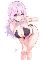 Rule 34 | 1girl, bare shoulders, bent over, bikini, black bikini, blush, braid, breasts, cleavage, closed mouth, commentary request, cowboy shot, fingernails, gold bracelet, hand on own knee, hand up, highres, hisen kaede, large breasts, leaning forward, long hair, looking at viewer, nail polish, original, purple eyes, purple hair, purple nails, signature, simple background, single hair intake, smile, solo, standing, string bikini, swimsuit, v, white background, yayoi sakura