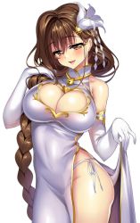 Rule 34 | 1girl, blush, breasts, brown eyes, brown hair, female focus, gloves, highres, large breasts, long hair, looking at viewer, naughty face, open mouth, princess, seductive smile, shirayuri sakura, simple background, smile, solo, undressing, white background
