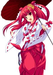 Rule 34 | 1girl, beatmania, beatmania iidx, blush, fang, fingernails, hair ornament, hakama, hakama skirt, highres, holding, japanese clothes, kinoshita ichi, long hair, looking at viewer, miko, open mouth, red eyes, red hair, sandals, simple background, skirt, solo, standing, standing on one leg, two side up, umbrella, umegiri ameto, white background, wide sleeves