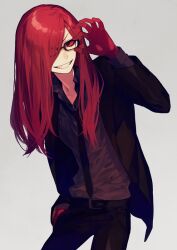 Rule 34 | 1boy, alternate costume, belt, carmine (under night in-birth), colored sclera, formal, glasses, grin, hair over one eye, hand in pocket, long hair, male focus, necktie, open clothes, pants, red eyes, red hair, red sclera, simple background, smile, solo, suit, suzunashi, teeth, under night in-birth, white background