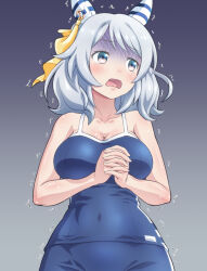 Rule 34 | 1girl, bare shoulders, blue eyes, blue one-piece swimsuit, blush, breasts, cleavage, commentary request, competition school swimsuit, ear covers, ear ornament, gloom (expression), gradient background, grey hair, highres, hishi miracle (umamusume), horse girl, kusaba (kusabashiki), large breasts, looking to the side, one-piece swimsuit, open mouth, partial commentary, school swimsuit, solo, swimsuit, tracen swimsuit, trembling, umamusume