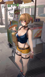 Rule 34 | 1girl, backpack, bag, belt, blouse, blue footwear, blue shirt, blunt bangs, blush, breasts, brown belt, brown hair, can, car, casual, cleavage, closed mouth, coca-cola, collar, collarbone, commission, crop top, drink can, earrings, food, full body, girls&#039; frontline, glasses, grate, grizzly mkv (girls&#039; frontline), grizzly mkv (weekend cop) (girls&#039; frontline), hair intakes, hair ornament, hairclip, hanabusaraleigh, handbag, highres, holding, holding bag, holding food, holding jar, hot dog, jar, jewelry, large breasts, looking at viewer, medium hair, motor vehicle, nail polish, navel, new york city, official alternate costume, orange socks, pepsi, ponytail, purple eyes, sewer grate, shirt, shoes, short shorts, shorts, skeb commission, sneakers, socks, soda can, solo, standing, thank you, thigh strap, watch, yellow nails, yellow shorts