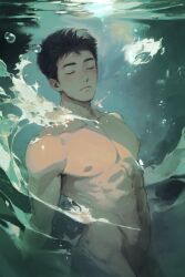 Rule 34 | 1boy, abs, ao isami, black hair, closed eyes, closed mouth, completely nude, jd1 3, large pectorals, male focus, muscular, muscular male, navel, nipples, nude, ocean, pectorals, short hair, solo, submerged, wading, water, yuuki bakuhatsu bang bravern