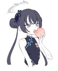 Rule 34 | 1girl, bare shoulders, black dress, black hair, blue archive, blush, butterfly hair ornament, china dress, chinese clothes, cropped torso, double bun, dress, eating, flat chest, food, fruit, grey eyes, hair bun, hair ornament, halo, highres, holding, holding food, holding fruit, kisaki (blue archive), long hair, open mouth, peach, simple background, sketch, solo, twintails, upper body, white background, yutokamizu