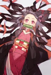 Rule 34 | 1girl, bamboo, bit gag, black hair, cowboy shot, dutch angle, expressionless, female focus, from above, gag, gagged, grey background, hair spread out, haori, highres, japanese clothes, kamado nezuko, kimetsu no yaiba, kimono, long hair, looking at viewer, looking up, lying, mirin (coene65), mouth hold, nose, on back, pink eyes, pink kimono, shadow, simple background, solo, tareme, traditional clothes, very long hair, white background