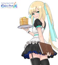 Rule 34 | 1girl, 2019, alternate hairstyle, atsumisu, bad id, bad pixiv id, black skirt, black thighhighs, blonde hair, blouse, blue ribbon, blush, fate (series), fingernails, food, garter straps, green eyes, grin, hair ribbon, highres, holding, holding menu, holding tray, long hair, looking at viewer, looking to the side, lord el-melloi ii case files, menu, pancake, pancake stack, puffy short sleeves, puffy sleeves, reines el-melloi archisorte, ribbon, shirt, short sleeves, sidelocks, simple background, skindentation, skirt, smile, solo, thighhighs, tray, twintails, very long hair, white background, white shirt, wrist cuffs