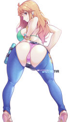 Rule 34 | 1girl, ass, ass focus, back, bikini, breasts, cameltoe, denim, from behind, green bikini, highres, hot vr, huge ass, jeans, large breasts, long hair, looking at viewer, looking back, nami (one piece), one piece, orange eyes, orange hair, panties, pants, shiny skin, smile, solo, swimsuit, thong, underwear, very long hair, wide hips