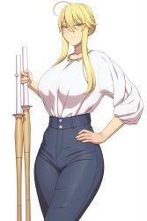 Rule 34 | 1girl, alternate costume, artoria pendragon (fate), artoria pendragon (lancer) (fate), blonde hair, blue pants, blush, breasts, closed mouth, commentary, english commentary, fate/grand order, fate (series), green eyes, hair between eyes, hand on own hip, highres, holding, large breasts, long hair, long sleeves, looking at viewer, lvl (sentrythe2310), pants, shirt, shirt tucked in, sidelocks, simple background, smile, solo, thighs, white background, white shirt