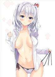 Rule 34 | 1girl, blue eyes, blush, breasts, collarbone, grey panties, hair between eyes, hatsu (first snow), kantai collection, kashima (kancolle), large breasts, long hair, long sleeves, navel, no bra, no headwear, no headwear, open clothes, open shirt, panties, shirt, side-tie panties, silver hair, smile, solo, standing, two side up, underwear, white shirt