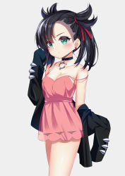 Rule 34 | 1girl, bare shoulders, black hair, black jacket, blush, breasts, choker, cleavage, closed mouth, collarbone, cowboy shot, creatures (company), dress, earrings, game freak, green eyes, hair ribbon, ikazu401, jacket, jewelry, long hair, long sleeves, looking at viewer, marnie (pokemon), medium breasts, nintendo, no bra, off shoulder, open clothes, open jacket, pink dress, pokemon, pokemon swsh, red ribbon, ribbon, simple background, sleeveless, sleeveless dress, sleeves past fingers, sleeves past wrists, solo, spaghetti strap, standing, strap gap, strap slip, thighs, twintails, white background