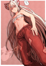 Rule 34 | 1girl, ?, absurdres, bow, breasts, cigarette, closed mouth, covered erect nipples, ddok, fujiwara no mokou, groin, hair bow, highres, holding, holding cigarette, long hair, looking at viewer, medium breasts, navel, ofuda, ofuda on clothes, outside border, pants, red background, red eyes, red pants, sarashi, smoke, solo, spoken question mark, touhou, underboob, white hair