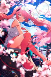 Rule 34 | 1girl, absurdres, arm tattoo, asami-chan, blurry, blurry foreground, blush, boots, cherry blossoms, crying, floating hair, flower, hatsune miku, highres, in tree, lens flare, long hair, looking at viewer, miniskirt, number tattoo, parted lips, pink eyes, pink flower, pink footwear, pink hair, pink skirt, pleated skirt, sakura miku, shirt, sitting, sitting in tree, skirt, sleeveless, sleeveless shirt, solo, spring (season), tattoo, tears, tree, twintails, vocaloid, white shirt