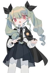 Rule 34 | 1girl, :o, anchovy (girls und panzer), anzio school uniform, belt, black belt, black cape, black necktie, black ribbon, cape, cowboy shot, daizu (melon-lemon), drill hair, from below, girls und panzer, green hair, hair between eyes, hair ribbon, hands up, highres, long hair, long sleeves, looking at viewer, looking down, necktie, no nose, open mouth, pantyhose, pleated skirt, red eyes, ribbon, riding crop, school uniform, shirt, sidelocks, simple background, skirt, solo, standing, twin drills, twintails, v-shaped eyebrows, white background, white pantyhose, white shirt, wing collar