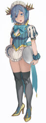 Rule 34 | 1girl, apron, blue bow, blue eyes, blue hair, blue ribbon, bow, breasts, character request, copyright request, frilled wristband, full body, grey thighhighs, hand on own hip, high heels, highres, holding, holding tray, looking at viewer, maid, maid apron, maid headdress, medium breasts, medium hair, multicolored clothes, multicolored footwear, open mouth, puffy sleeves, ribbon, shirt, soosaresu, standing, striped clothes, striped shirt, thighhighs, tray
