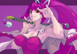 Rule 34 | 1girl, armpits, breasts, cleavage, hair intakes, hair ribbon, jacket, jacket on shoulders, large breasts, long hair, over shoulder, pinky out, ponytail, purple hair, red eyes, ribbon, salute, smile, solo, sword, sword over shoulder, tank top, under night in-birth, weapon, weapon over shoulder, yoshitsuki, yuzuriha (under night in-birth)