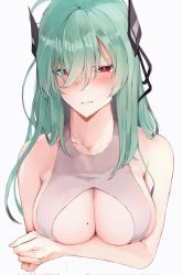 Rule 34 | 1girl, alternate costume, bare shoulders, black ribbon, blush, breasts, cleavage, crossed arms, girls&#039; frontline, green hair, hair between eyes, hair ribbon, harafrontline, highres, large breasts, long hair, looking at viewer, ltlx 7000 (girls&#039; frontline), mole, mole on breast, one-piece swimsuit, open mouth, red eyes, ribbon, solo, swimsuit, upper body, white background, white one-piece swimsuit