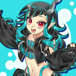 Rule 34 | 1girl, nanashi inc., belt, black gloves, black hair, black jacket, black skirt, black sports bra, blue background, blue belt, blue hair, chest belt, clothing cutout, commentary request, cross-laced clothes, cross-laced sleeves, deensoon, demon girl, demon horns, fang, flat chest, gloves, highres, horns, jacket, long hair, long sleeves, looking at viewer, midriff, multicolored hair, navel, open clothes, open jacket, open mouth, partially fingerless gloves, pointy ears, red eyes, shishio chris, shoulder cutout, skirt, smile, solo, sports bra, sugar lyric, two-tone hair, upper body, virtual youtuber