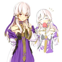 Rule 34 | 1girl, athenawyrm, bare shoulders, blush, candy, closed eyes, dress, fire emblem, fire emblem: three houses, flat chest, food, long hair, long sleeves, looking at viewer, lysithea von ordelia, multiple views, nintendo, pink eyes, purple eyes, simple background, smile, upper body, white background, white hair
