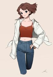 Rule 34 | 1girl, artist logo, black eyes, blue pants, brown hair, collarbone, feet out of frame, floating hair, hand on own hip, head tilt, highres, kimura 731, looking at viewer, midriff, navel, original, pants, pink background, red nails, red tank top, shirt, short hair, simple background, solo, standing, tank top, white shirt