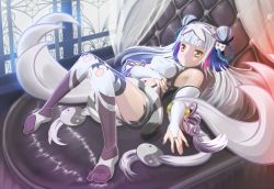 Rule 34 | 1girl, armpits, bare shoulders, bell, blue hair, breasts, brianchan.t.w, bridal gauntlets, cat hair ornament, chair, china dress, chinese clothes, claws, double bun, dress, elbow gloves, gloves, hair bun, hair ornament, haku (p&amp;d), hand on own stomach, indoors, jingle bell, knees together feet apart, knees together feet apart, long hair, lying, midriff, multicolored hair, on back, over-kneehighs, panties, pantyshot, purple hair, purple panties, purple ribbon, puzzle &amp; dragons, ribbon, sideboob, sleeveless, sleeveless dress, solo, tail, thighhighs, tiger tail, two-tone hair, underwear, white dress, white gloves, white hair, window, yellow eyes, yin yang