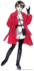 Rule 34 | 1990s (style), 1996, 1girl, black footwear, black gloves, black pantyhose, blue eyes, boots, brown hair, coat, copyright notice, dated, earrings, gloves, highres, jewelry, knee boots, long sleeves, open mouth, pantyhose, pc engine fan, red coat, retro artstyle, short hair, simple background, solo, takada akemi, turtleneck, white background
