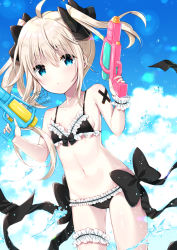 Rule 34 | 1girl, ahoge, asymmetrical hair, bikini, black bikini, black bow, blonde hair, blue eyes, blue sky, blush, bow, bow bikini, breasts, bridal garter, closed mouth, cloud, cloudy sky, commentary request, day, frilled bikini, frills, hair between eyes, hair bow, holding, long hair, looking at viewer, navel, original, outdoors, signature, single wrist cuff, sky, small breasts, solo, swimsuit, tia-chan, twintails, twitter username, uchuuneko, uneven twintails, very long hair, water, water gun, wrist cuffs