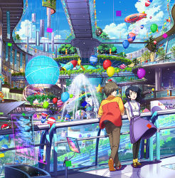 Rule 34 | 1boy, 1girl, aircraft, arms behind back, balloon, black hair, black pantyhose, brown hair, cloud, colorful, couple, day, dirigible, floating screen, fountain, globe, hetero, isai shizuka, jewelry, mall, necklace, original, pantyhose, railing, rainbow, scenery, science fiction, short hair, skirt, sky, standing, star (symbol), tree, wind, wind lift